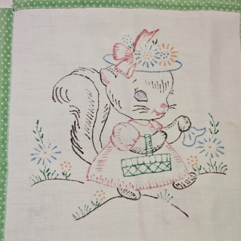 Vintage 60s‎ Kitschy Baby Quilt Hand Stitched Animals Patchwork Green 34.5 X 45